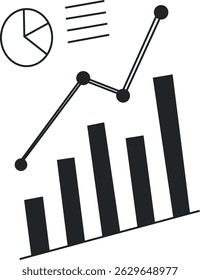 Gráfico simples em preto e branco mostrando o crescimento ascendente. gráfico de um gráfico de barras ascendente com elementos de dados. gráfico moderno de um gráfico de barras ascendente, perfeito para mostrar crescimento e dados. negócios, finanças.