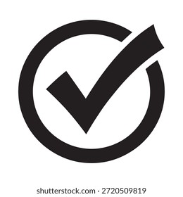 Ícone de marca de seleção simples em preto-e-branco dentro de um quadro circular exibido claramente