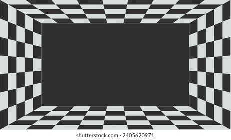 Simple black and white checkerboard stage frame. Abstract geometric stage grid background. Futuristic, retro, psychedelic, cyberpunk, or Y2k style pattern for screen template. Vector illustration