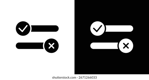 Simple marca de verificación en blanco y negro e iconos cruzados en estilo de interruptor de palanca. Aislado sobre fondos blancos y negros.