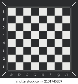 Simple black and white chess board. Numbers and letters in the margins. Vector chessboard.