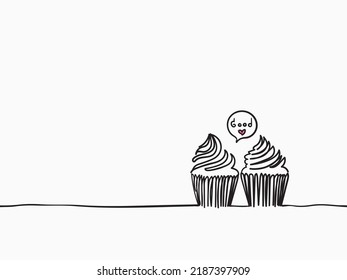 schlichter, schwarz-weißer, durchgehender, handgezeichneter Cupcake für fröhliche Anlässe wie Geburtstag, Feier, Jubiläum für Tapete, Hintergrund, Label, Banner, Verpackung etc. Vektordesign.