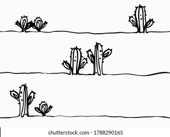 simple black and white childish hand drawn continuous line art cactus tree seamless pattern, wallpaper, texture, banner, label, background, vector design.