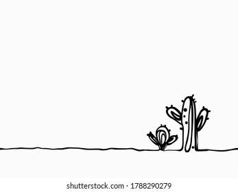 simple black and white childish hand drawn continuous line art cactus tree seamless pattern, wallpaper, texture, banner, label, background, vector design.
