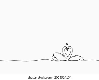 simple black and white childish hand drawn continuous line art lover couple of swans swimming seamless pattern, wallpaper, texture, banner, label, background, vector design.
