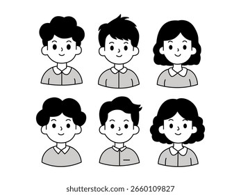 Avatares infantiles simples en blanco y negro para diversas aplicaciones.