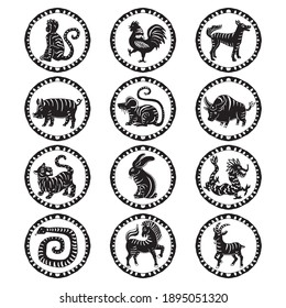 Simple black and white Chinese zodiac signs collection 