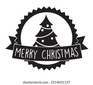 Simple black and white christmas tree with round ornaments, inside a circular frame with a banner wishing merry christmas