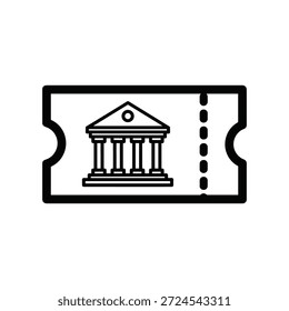 Icono simple de boleto de cine en blanco y negro con un edificio en él