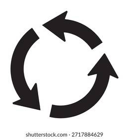 uma seta circular simples, preta e branca. A seta é composta por um loop contínuo com três setas distintas apontando para fora, indicando um movimento cíclico ou rotacional. O design é minimalista e usa linhas negras em negrito contra um fundo branco.