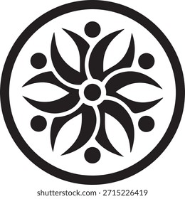Simple black and white circular design with a central floral or sun-like motif.