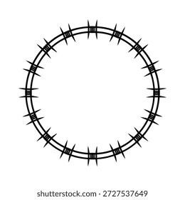 A simple black and white circular design featuring barbed wire elements