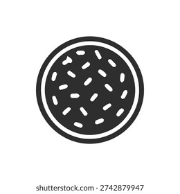 A simple black and white circular icon. This versatile glyph can represent a cookie with sprinkles, a scientific petri dish, or a bacterial culture.