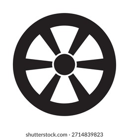 Símbolo circular preto e branco simples com desenho de raios radiantes