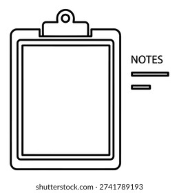 A simple black and white clip board with the word notes written next to it isolated on white background, Vector