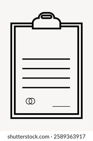Simple black and white clipboard illustration with a paper sheet. The clipboard has a clip at the top. Minimalist design of a clipboard and paper. User interface icon vector.