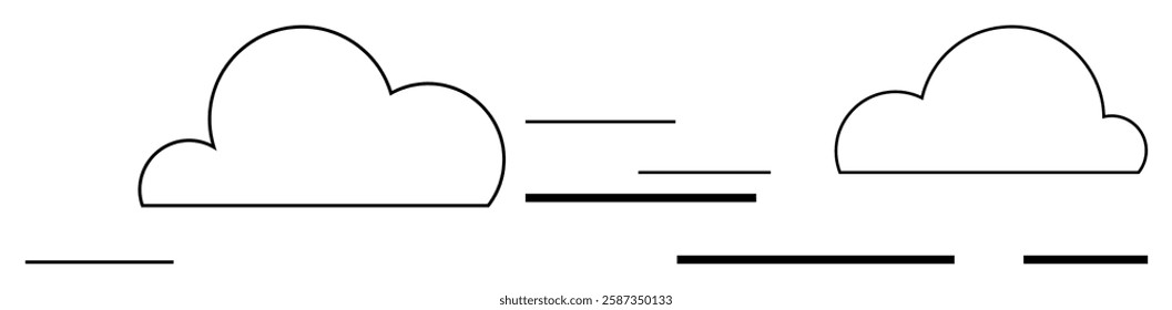 Simple black and white cloud icons with horizontal lines suggesting motion or wind. Ideal for weather apps, user interfaces, website banners, digital marketing, educational materials, infographics