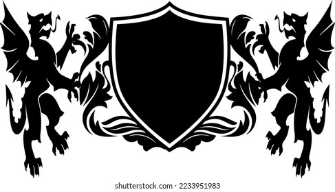 Sencillo escudo blanco y negro de armas con dos dragones y escudo.