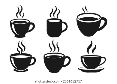 Simple Black and White Coffee Cup Icons with Steam
