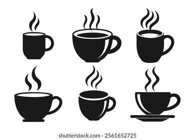 Simple Black and White Coffee Cup Icons with Steam