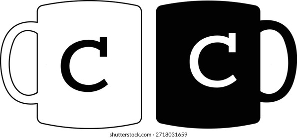 Conjunto de íconos simples de taza de café en blanco y negro con letra mayúscula c Vector inicial