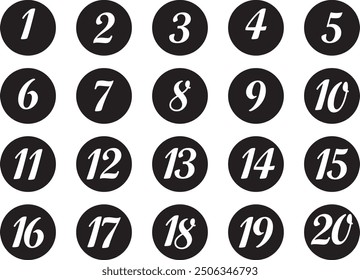  simple black white color bullet points number set from one to twenty simple flat style a number of numbers that are in a circle