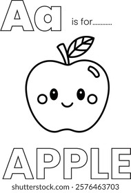 A simple, black and white coloring page featuring a kawaii-style apple with a friendly face.