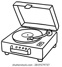 A simple black and white coloring page drawing of a classic portable record player with the lid open