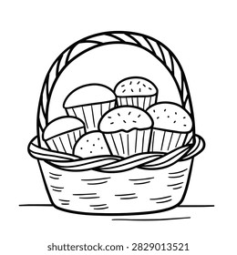 A simple black and white coloring page design featuring a woven basket containing a group of assorted muffins with sprinkles and smooth tops