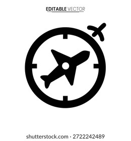 Sencillo icono de brújula en blanco y negro con un avión, que representa el viaje y la dirección.
