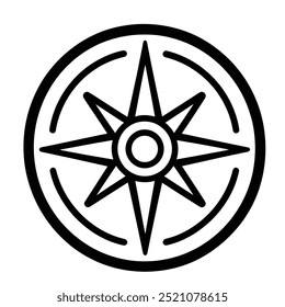 Um simples símbolo de rosa de bússola preta e branca, representando a direção e a navegação.