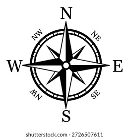 Simple black and white compass rose vector icon shows cardinal and intercardinal directions