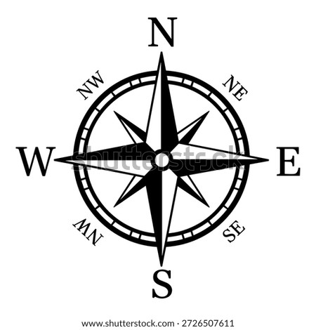 Simple black and white compass rose vector icon shows cardinal and intercardinal directions