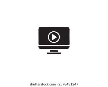 Simple black and white computer monitor icon with play buttonA straightforward, solid black icon of a computer monitor displaying a play button..