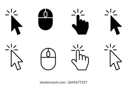 Simple Black and White Computer Mouse and Click Icons.Computer mouse and cursor icons isolated on white background