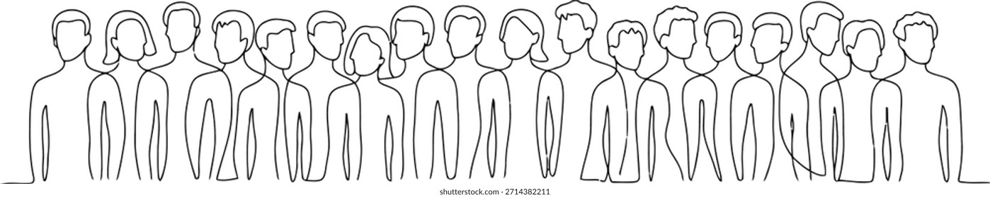 Dibujo simple de líneas continuas en blanco y negro que muestra un grupo diverso de individuos en una fila, simbolizando la comunidad y la unidad.
