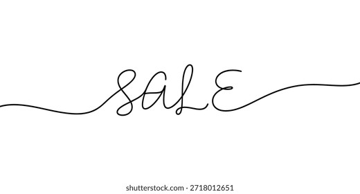 A simple black and white continuous line art illustration featuring the word sale in a handwritten script style for retail discounts and promotional marketing campaigns. Vector illustration