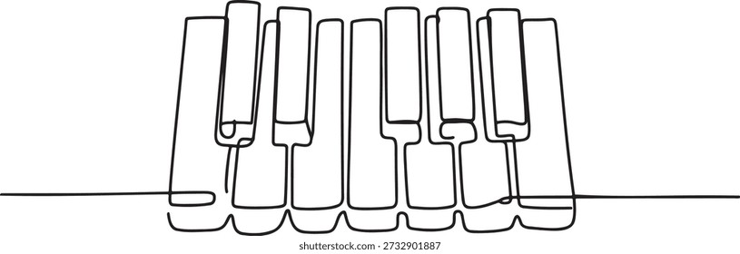 Simple black and white continuous line illustration of piano keyboard. Minimalist musical instrument sketch for studio or academy decoration. Modern hand drawn melody concept using thin path outline. Elegant contour design suitable for jazz festivals and classical concerts on grid backdrop.