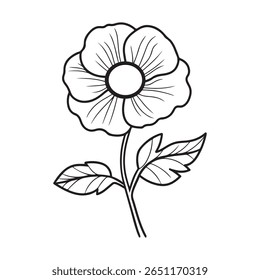 Simples gráfico de contorno preto e branco de uma flor com delicadas linhas pétalas e detalhes, juntamente com acentos de caule e planta folhosa exibidos em um fundo branco limpo.