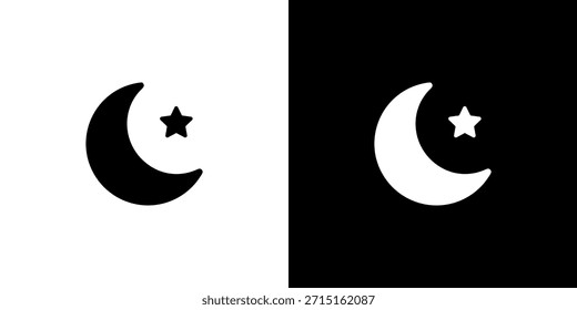 Simple Black and White Crescent Moon and Star Icon Illustration