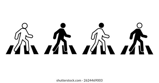 Simples preto e branco Crosswalk ícones figuras pedestres caminhando sobre Stripes Vetor Design Illustration