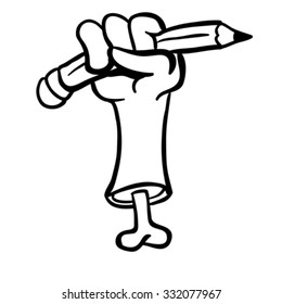 simple mano de corte en blanco y negro con hueso sosteniendo una caricatura de lápiz