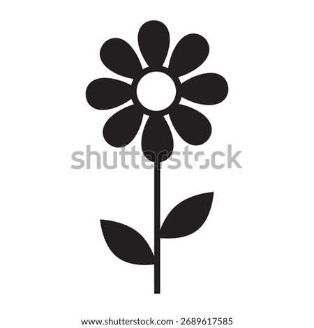 Simple black and white daisy flower icon with stem and leaves