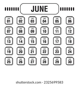 Simple black and white date icon also template for january, february, march, april, may, june, july, august, september, october, november, december and for every date from date 1 to 31.
