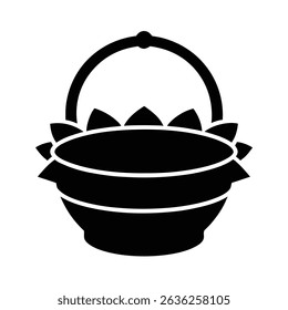 Simple black and white decorative basket icon with handle and floral border design