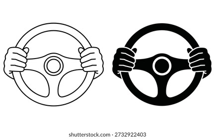 Simple black and white depictions of hands tightly gripping circular steering wheels.