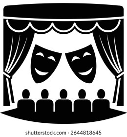 A simple black and white design showcasing a theater stage, complete with curtains, smiling comedy and drama masks and a seating area filled with people.