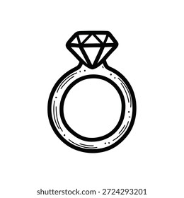 Simples ilustração do anel de compromisso do diamante preto e branco com linhas limpas