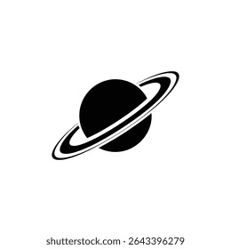 Uma ilustração digital simples em preto e branco mostra um objeto celeste, especificamente um planeta com anéis proeminentes, situado contra um pano de fundo branco plano.