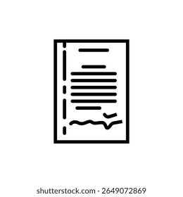 Simple black and white document icon displays text and signature, rendered in a minimalist style against a clean white background for business, finance, or legal themes.